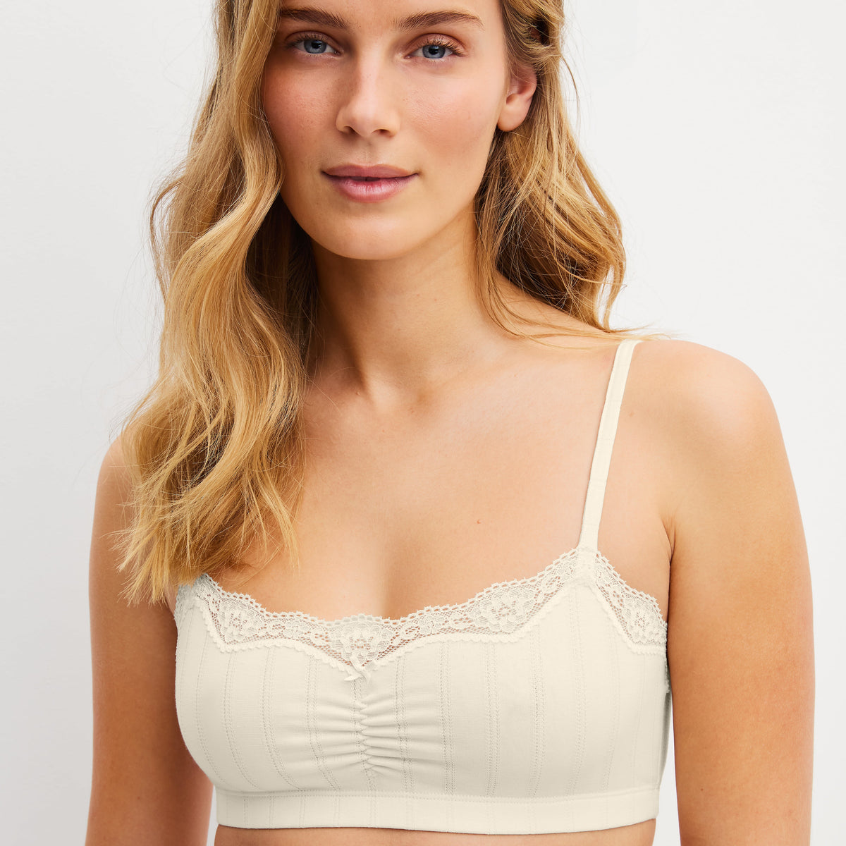 A woman with blonde hair wearing a cream-colored underwire bra with lace trim, photographed against a light gray studio background.