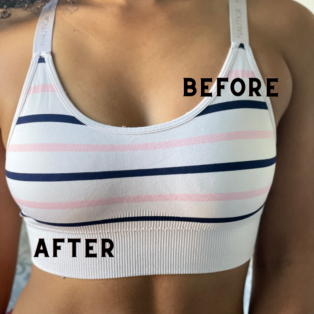 Striped sports bra labeled 'Before' and 'After' on a person.