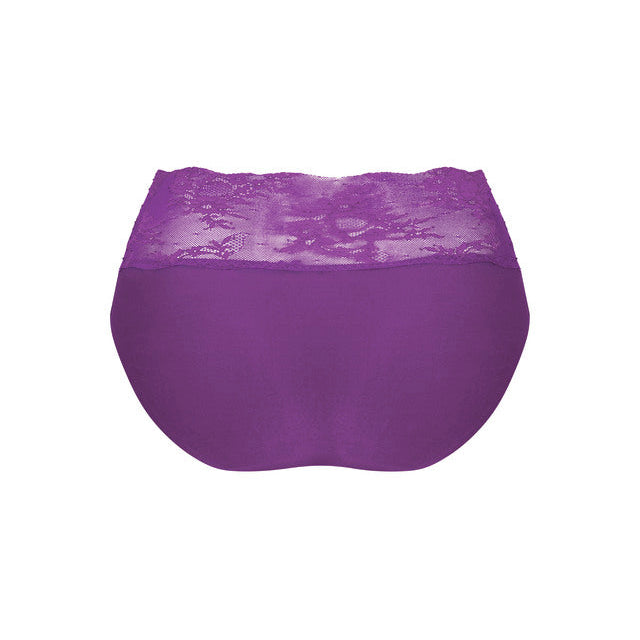 Purple lace-trimmed underwear photographed flat against a plain white background.