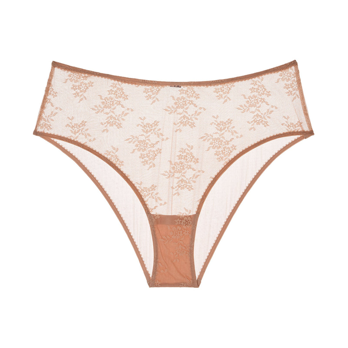 A high-waisted brief with floral details and a sheer mesh back, crafted from soft, stretchy lace.