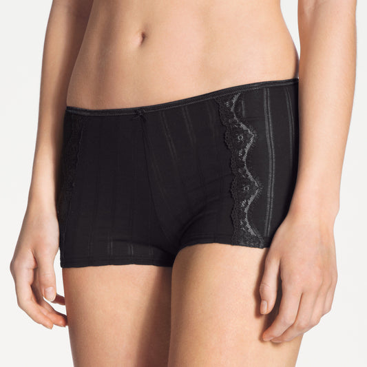 A pair of black boyshort panties with lace detailing on the waistband and sides.