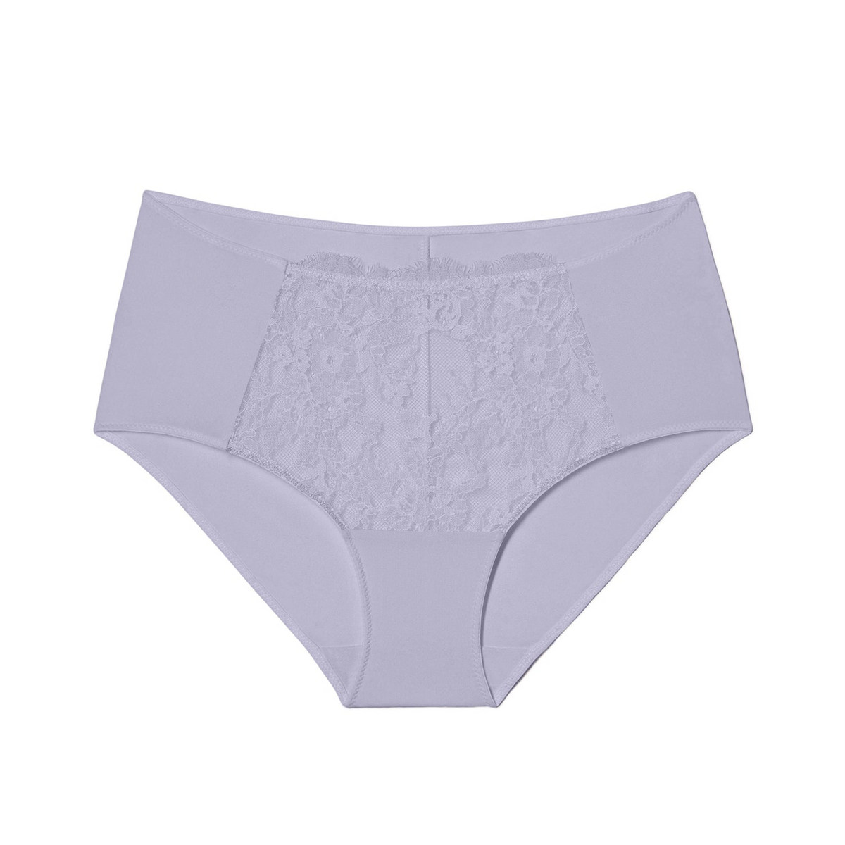 Lavender women's underwear with lace detailing on a white background