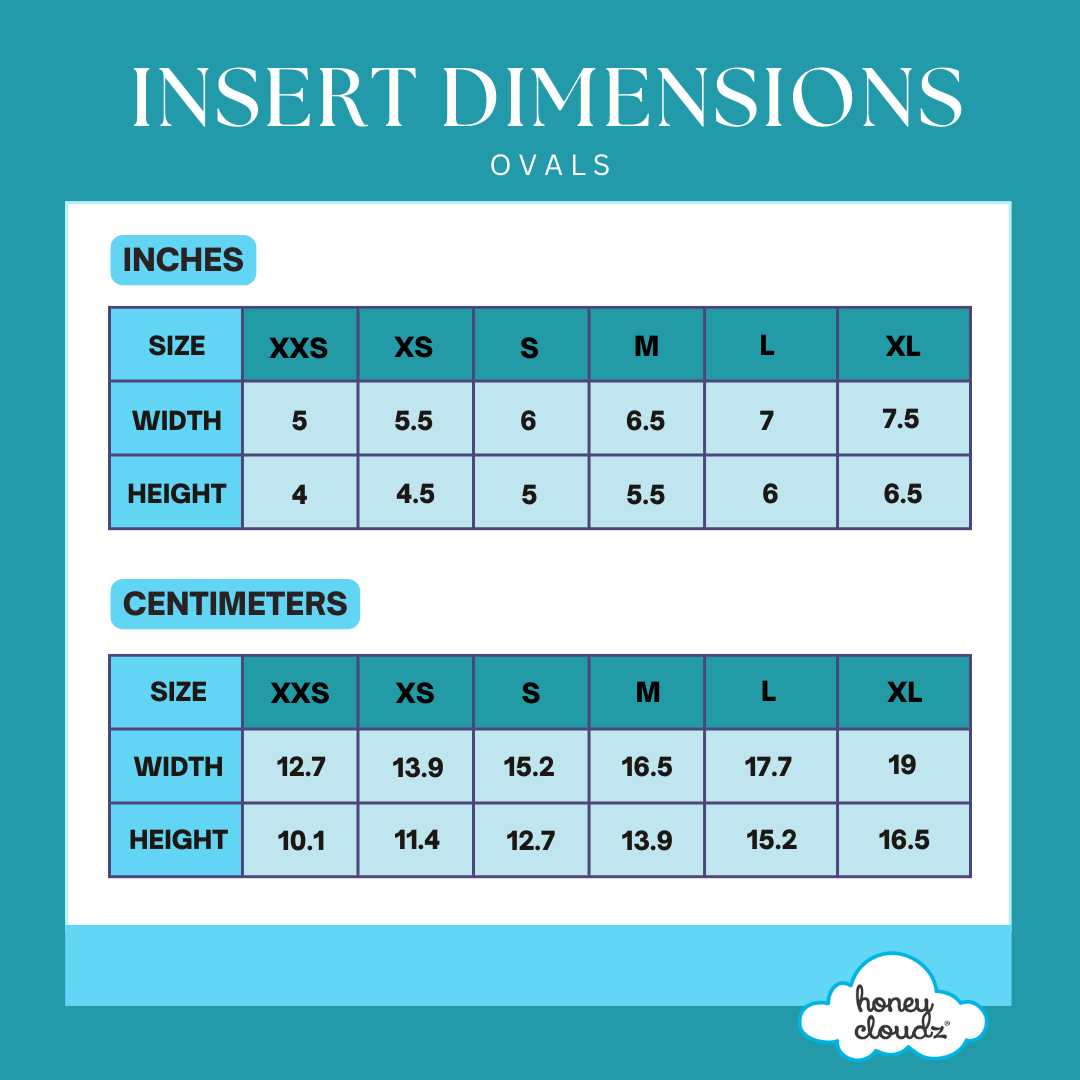 Dimensions chart for ovals in inches and centimeters with Honey Cloudz logo.