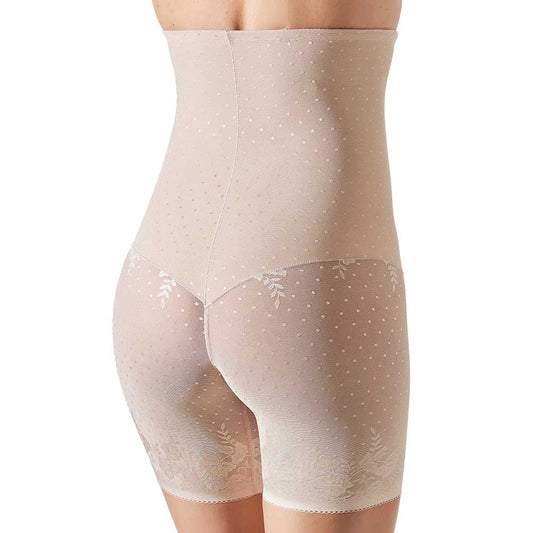 Beige shapewear with mesh design on a white background