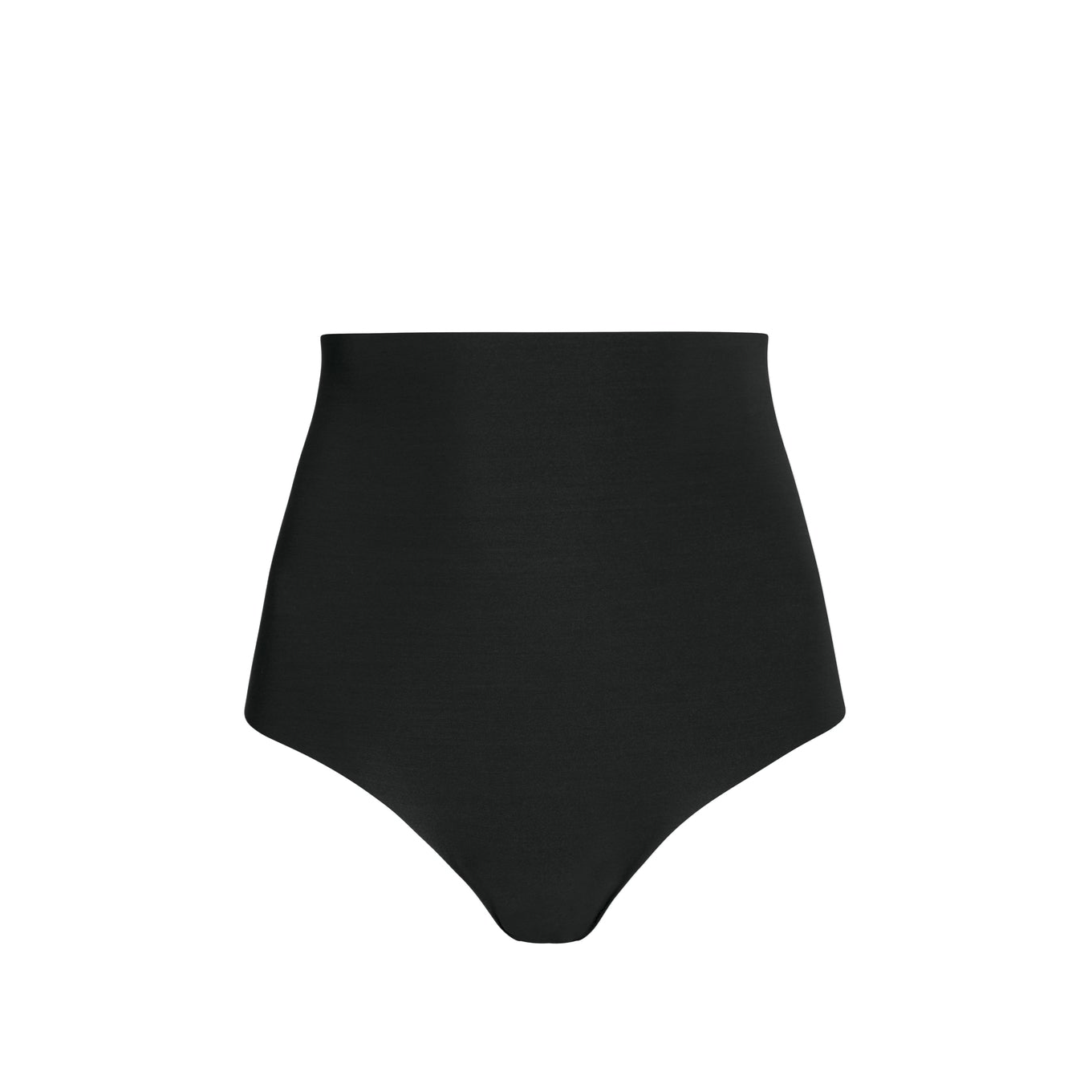 Black high-waisted bikini bottom on a white background
