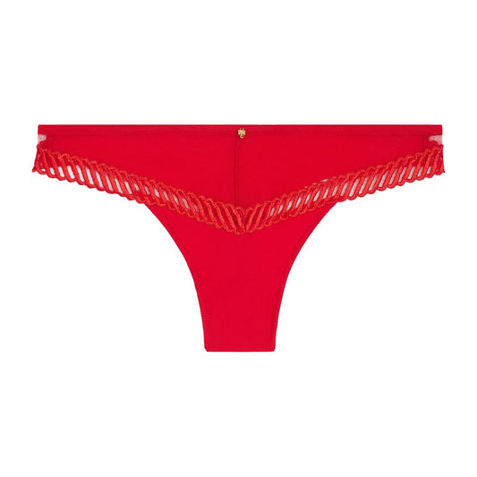 Red thong with ruffled edge on a white background
