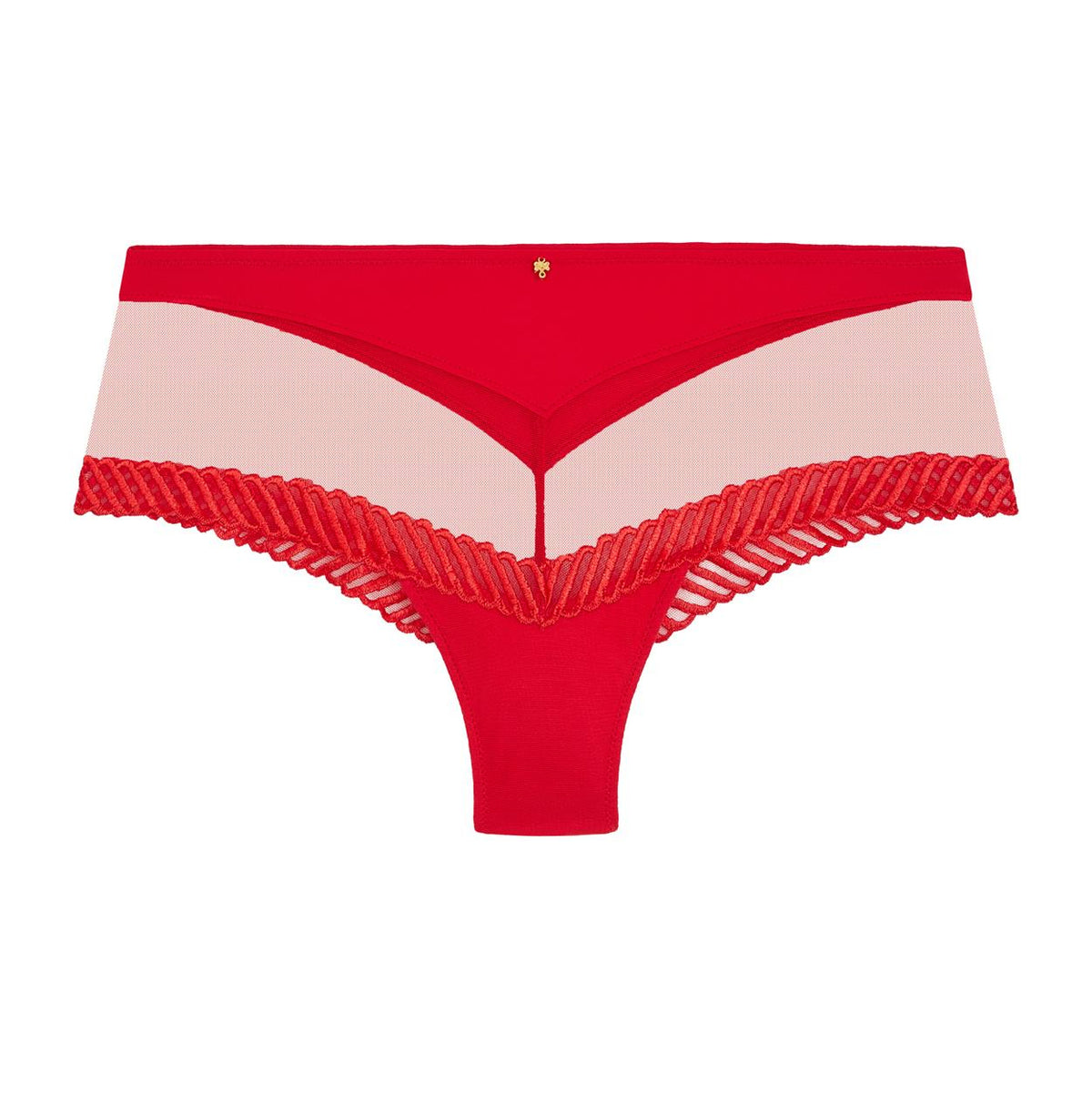 Red women's underwear with lace trim on a white background
