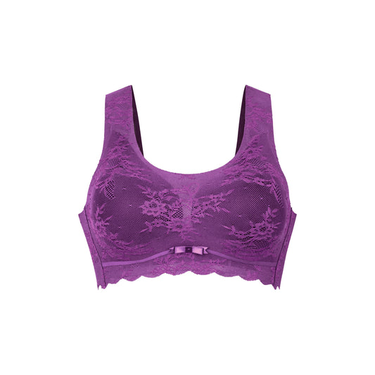 A purple lace bralette with wide shoulder straps, a scoop neckline, and a scalloped underband, shown against a plain white background.