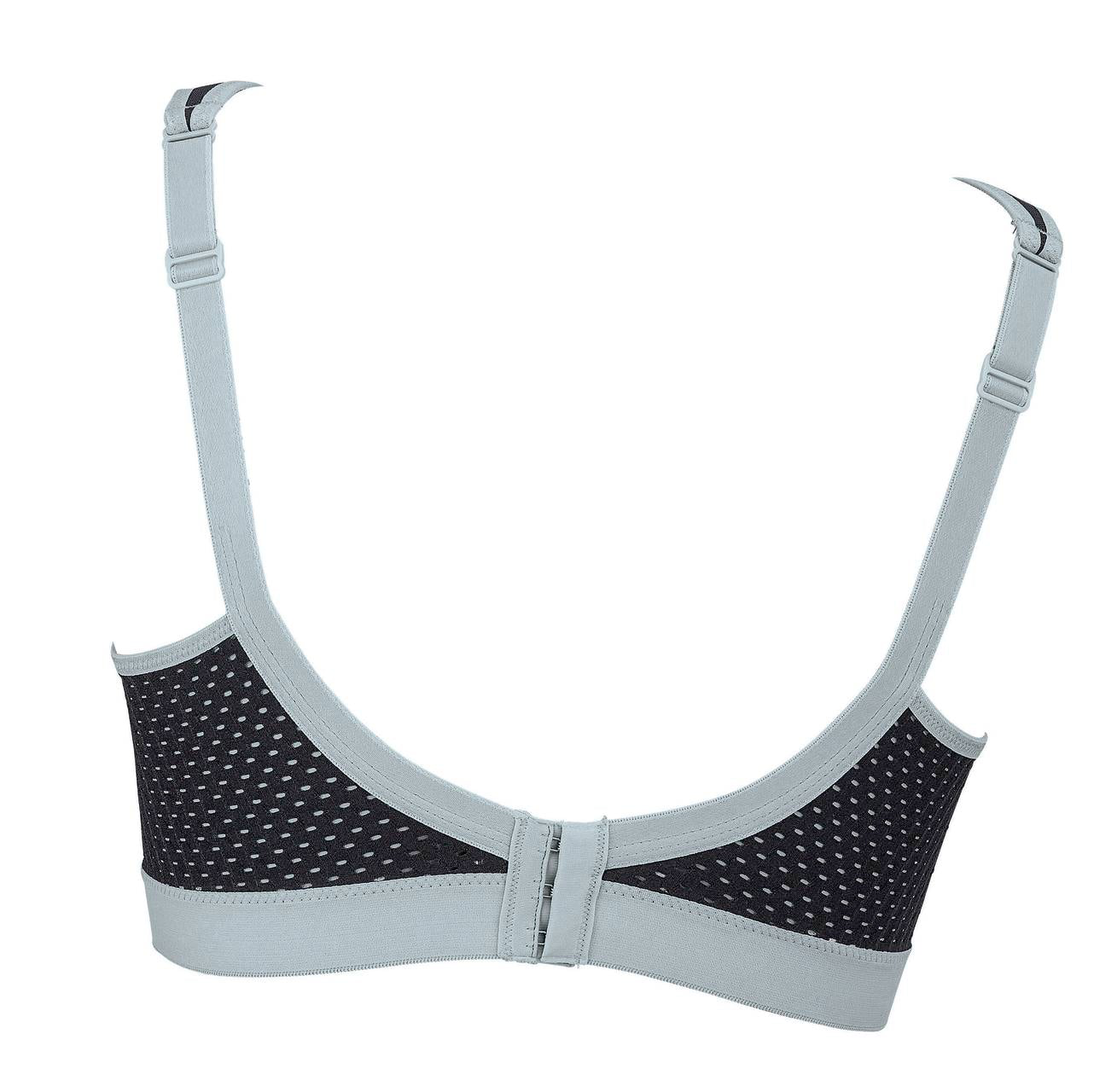 Gray bra with black polka dot pattern on a white background