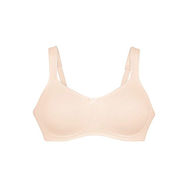 A light beige wireless underwire bra with a subtle textured pattern on the cups and adjustable shoulder straps, shown against a plain white background.