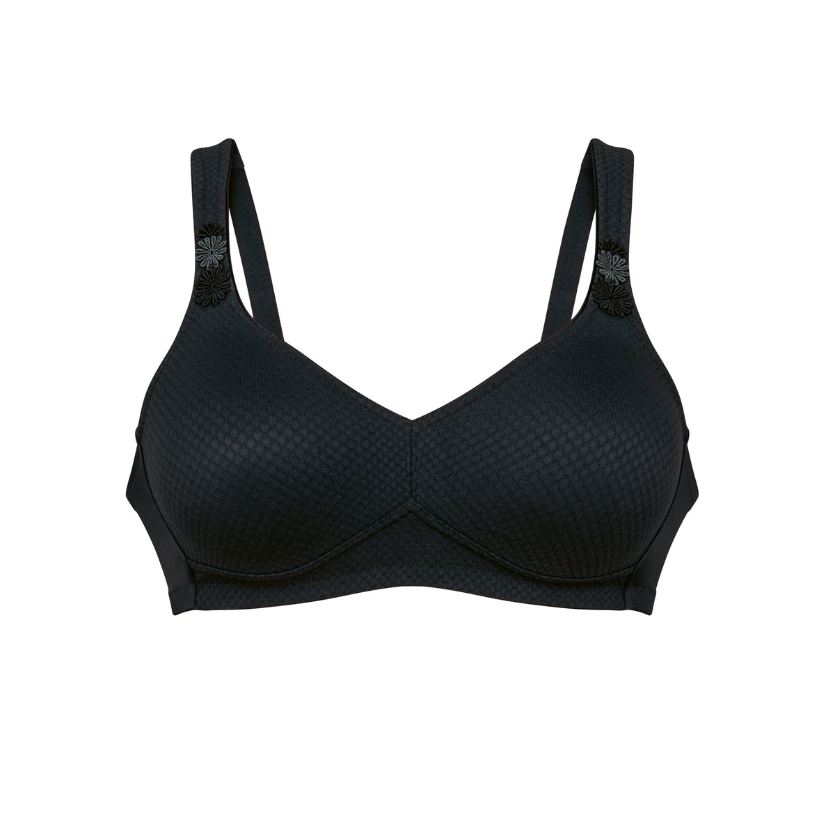 Black bra with a subtle pattern on a white background