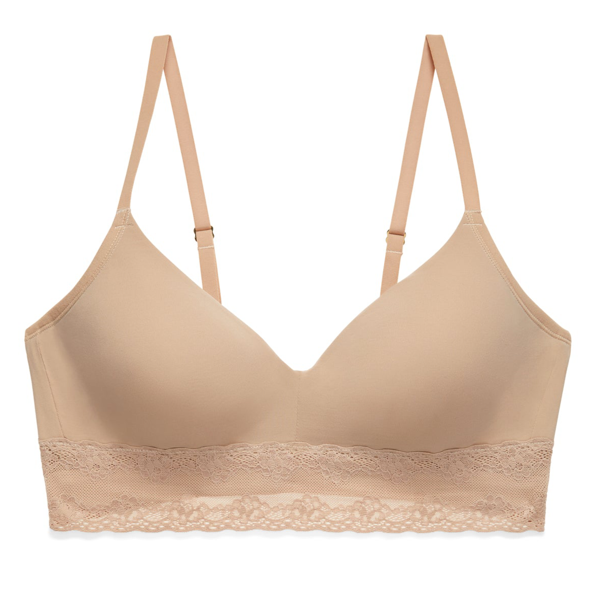 Beige bra with lace trim on a white background