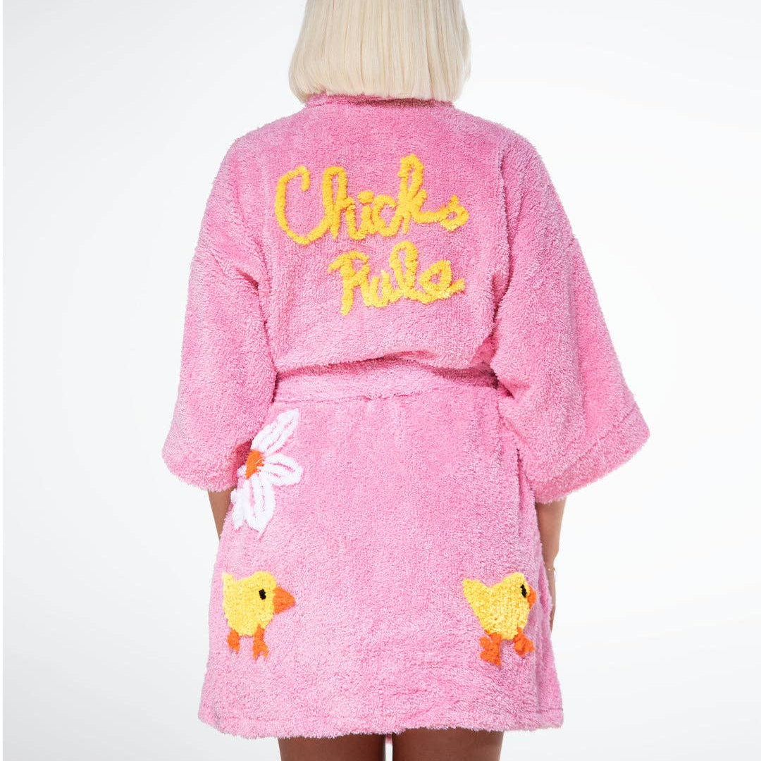 Pink robe with 'Chick Rules' text and chick designs on a white background