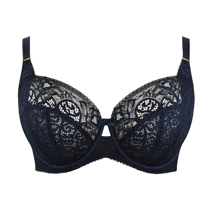 Navy blue lace bra on a white background
