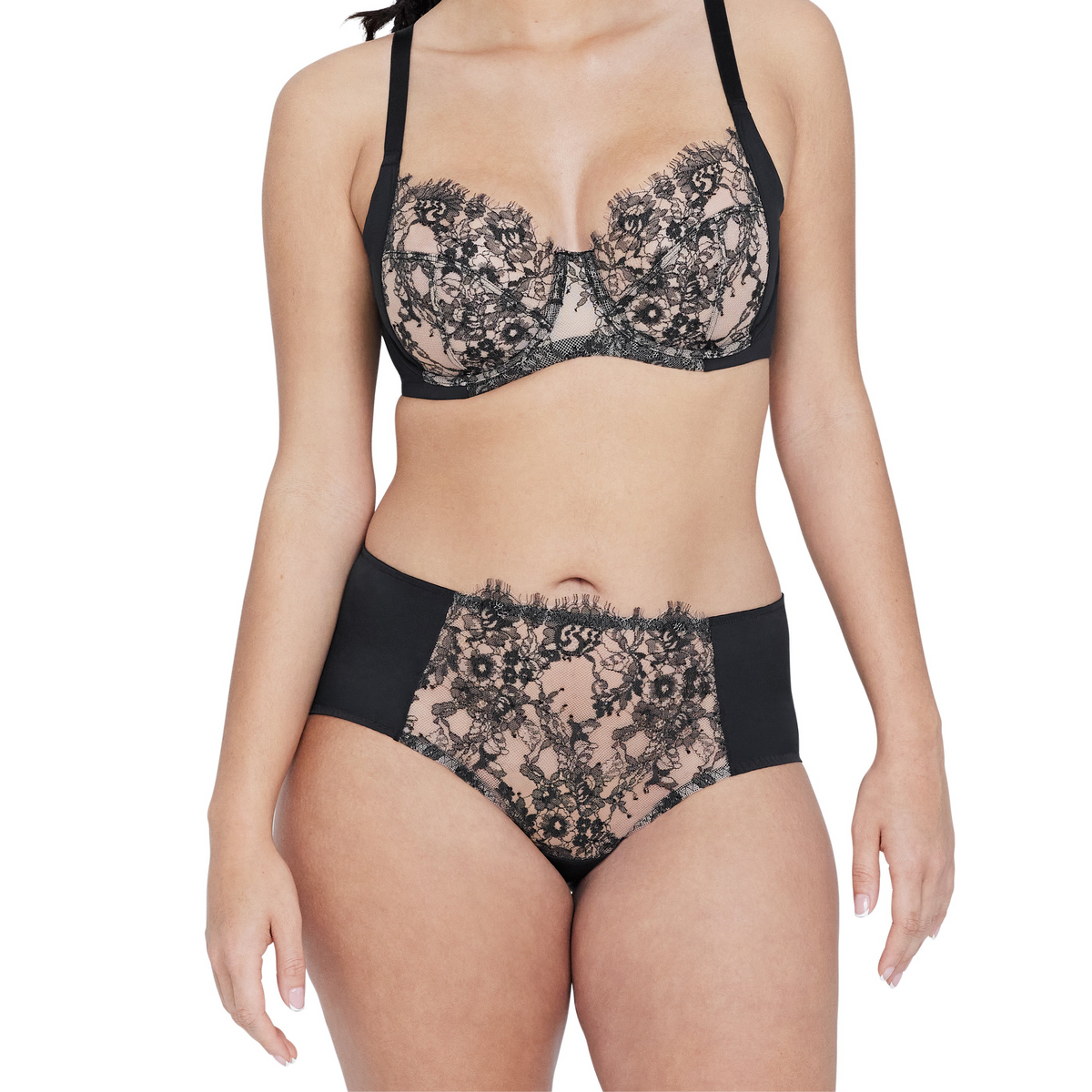 Black lace lingerie set on a white background