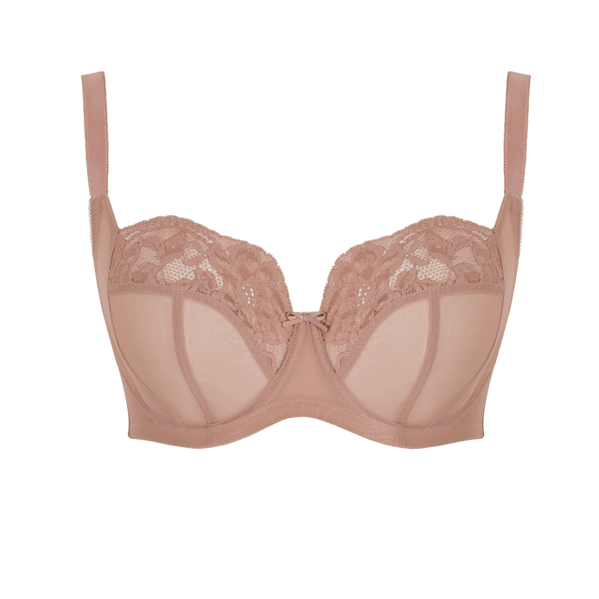 Beige bra with lace detailing on a white background