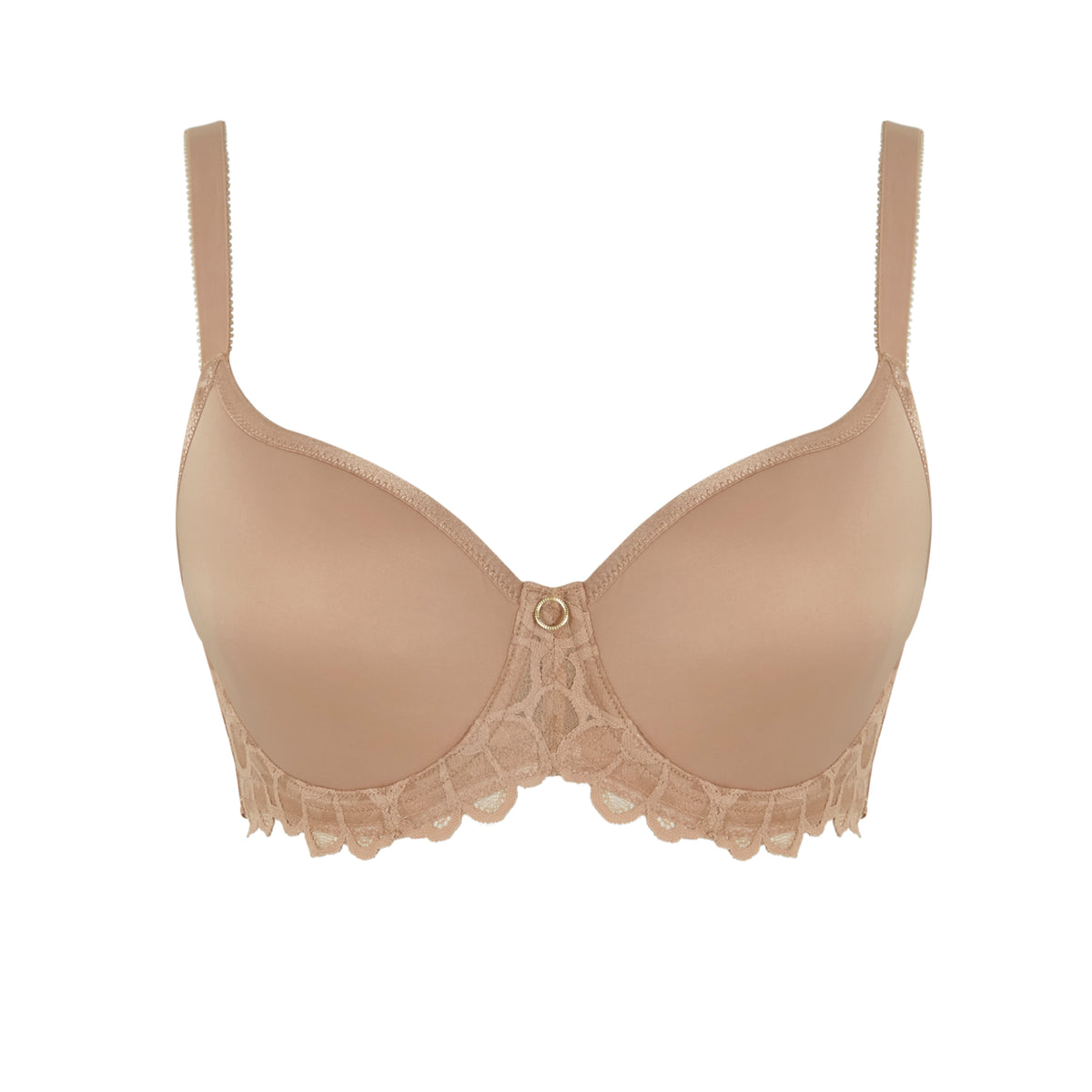 Beige bra with lace trim on a white background