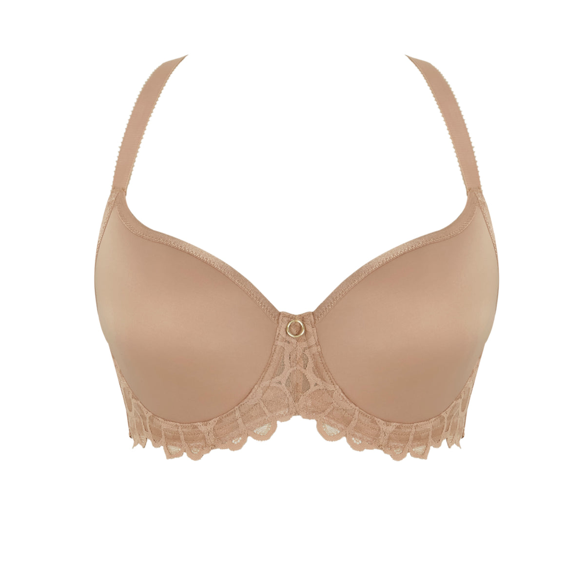 Beige bra with lace trim on a white background