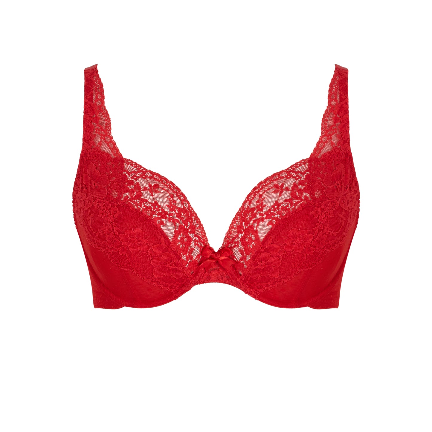 Red lace bra on a white background