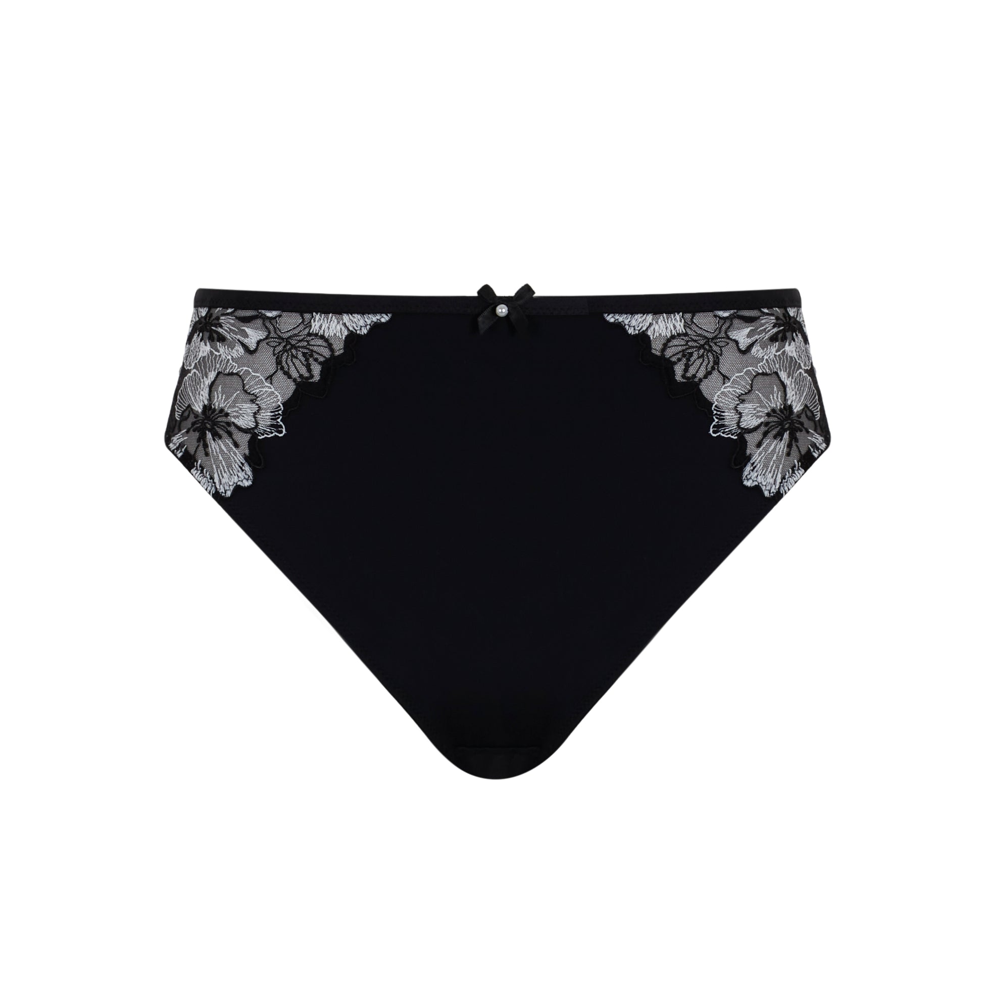 Black lace-trimmed underwear on a white background