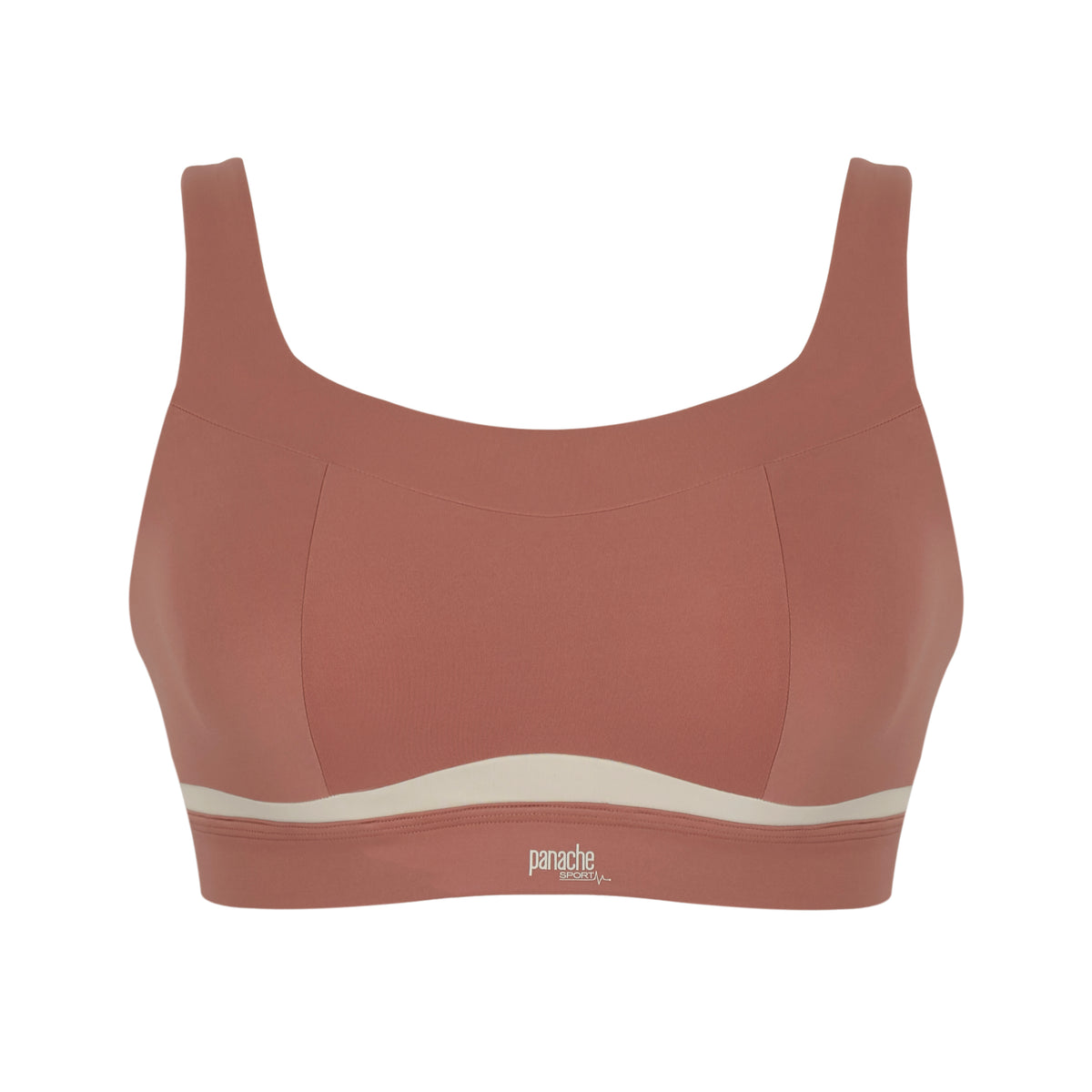 Brown sports bra with a white band on a white background.