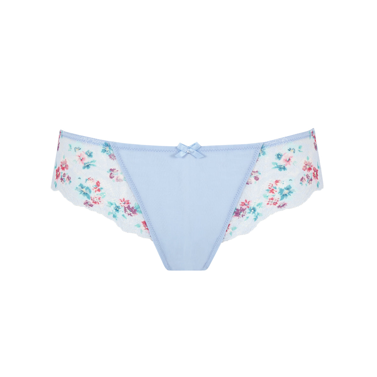 Floral-patterned underwear with a light blue waistband on a white background