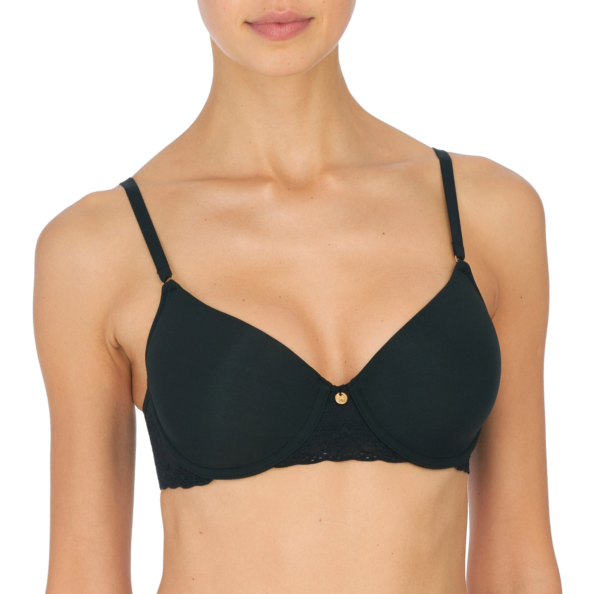 A black underwire bra with adjustable straps, displayed on a model.