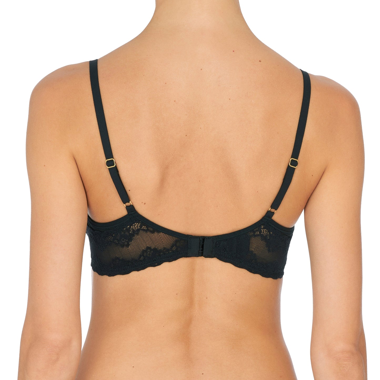 Black bra on a model against a white background
