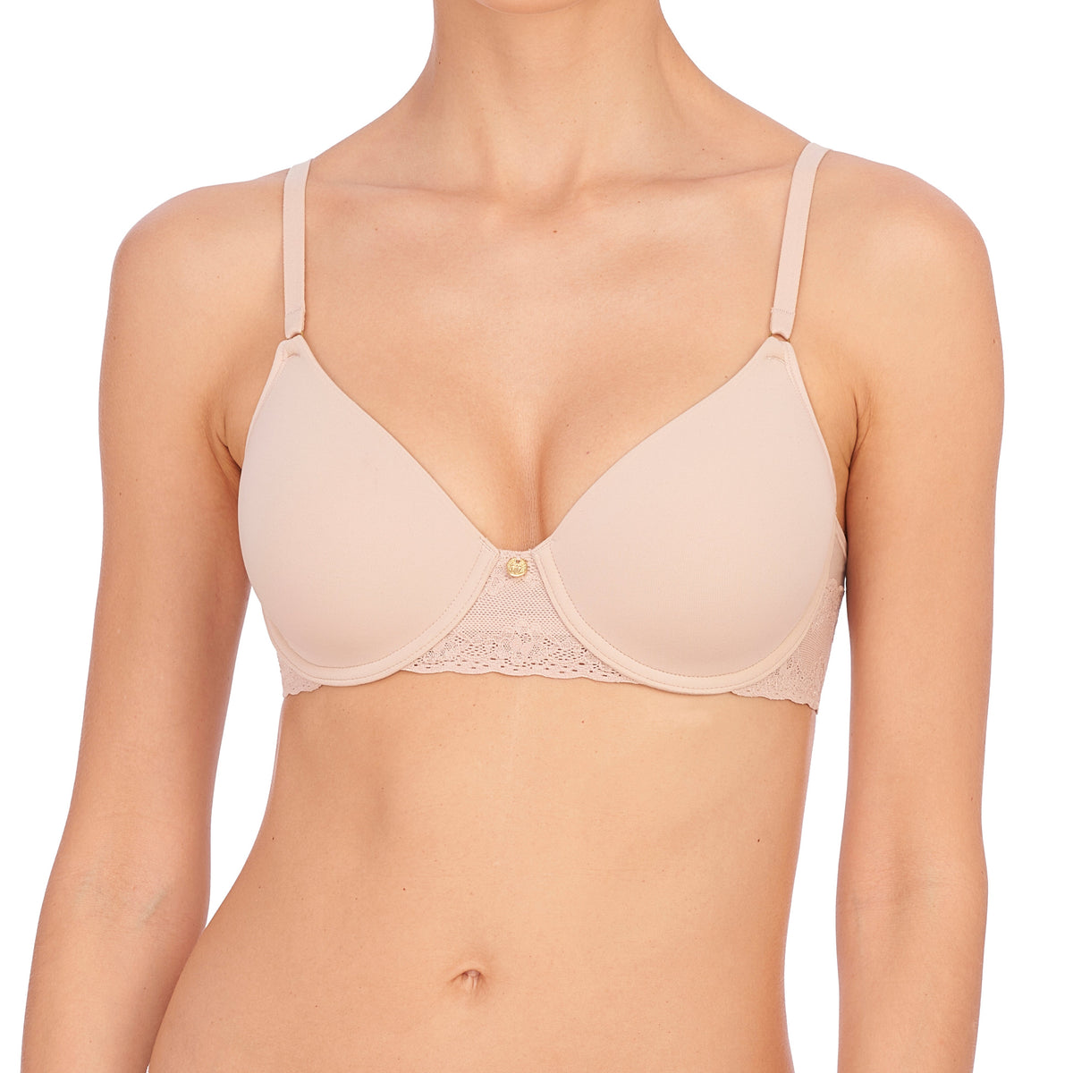 Beige bra worn by a model on a white background