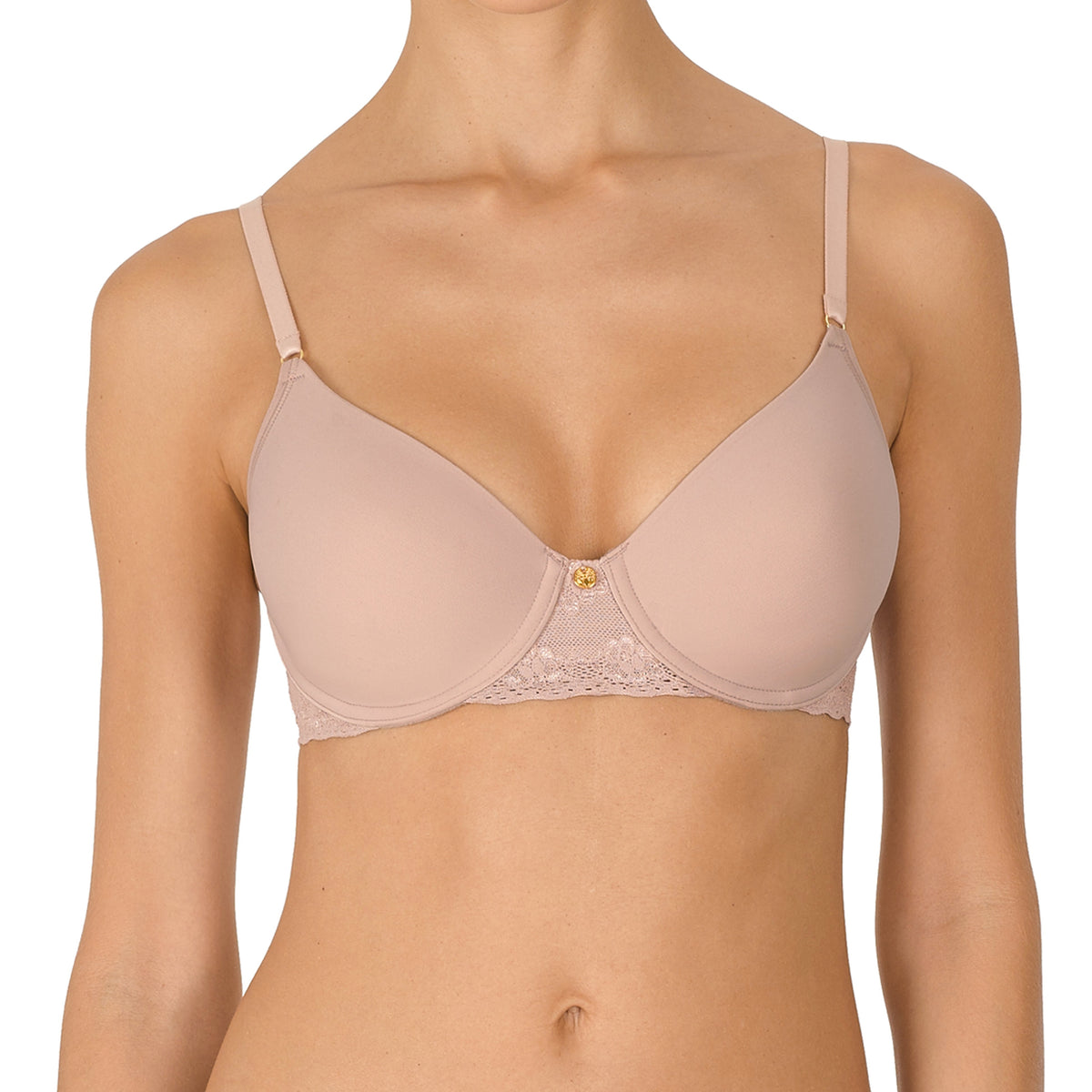 Beige bra worn by a model on a white background