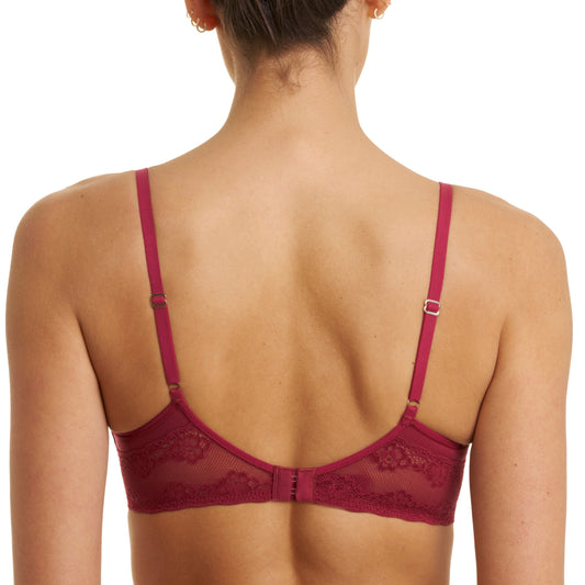 Red bra worn by a model on a white background