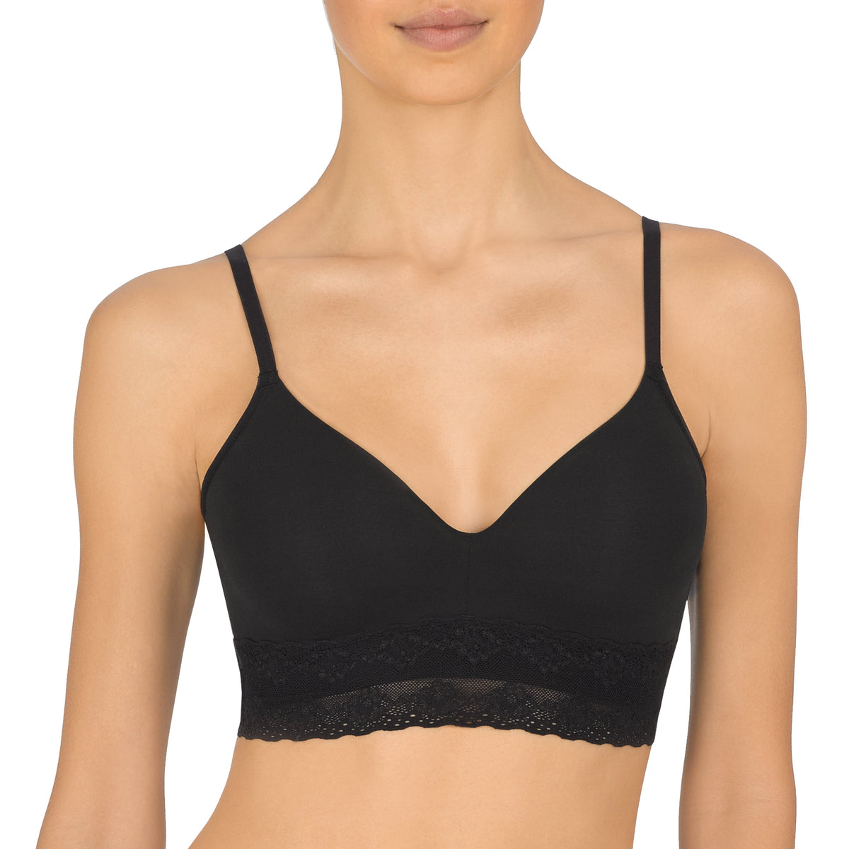 Black bralette worn by a model on a white background