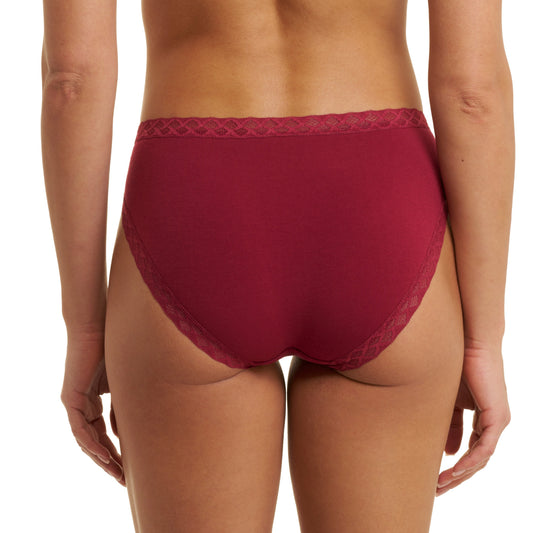 Maroon underwear with lace trim on a white background