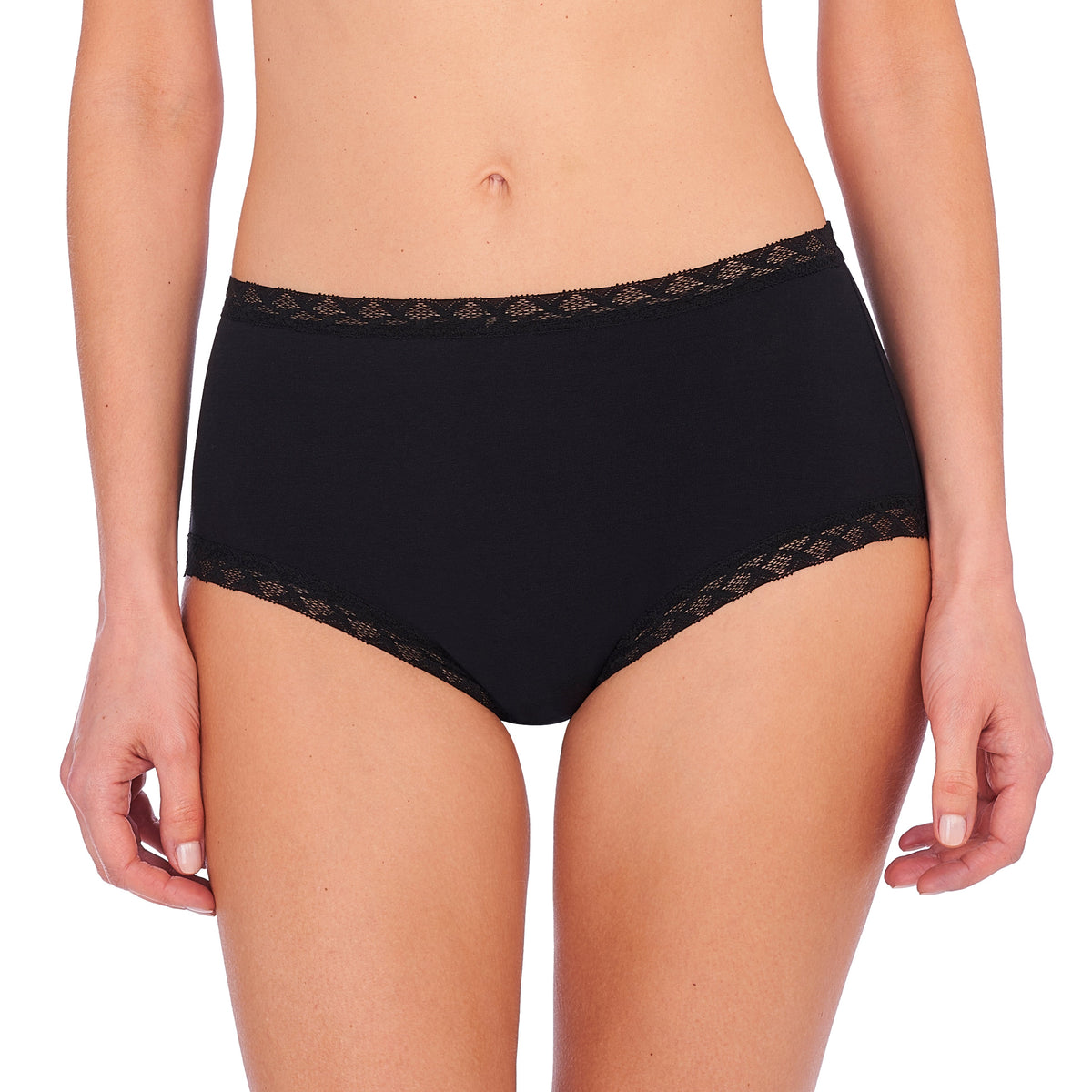 A pair of black high-waisted full briefs with lace detailing at the waist.