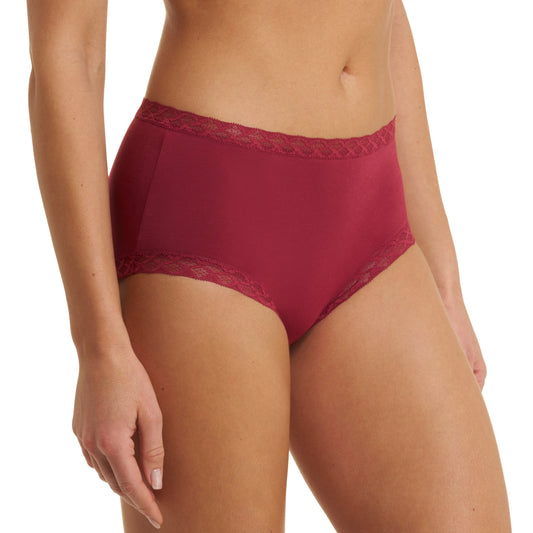 Maroon lace-trimmed underwear worn by a person on a white background