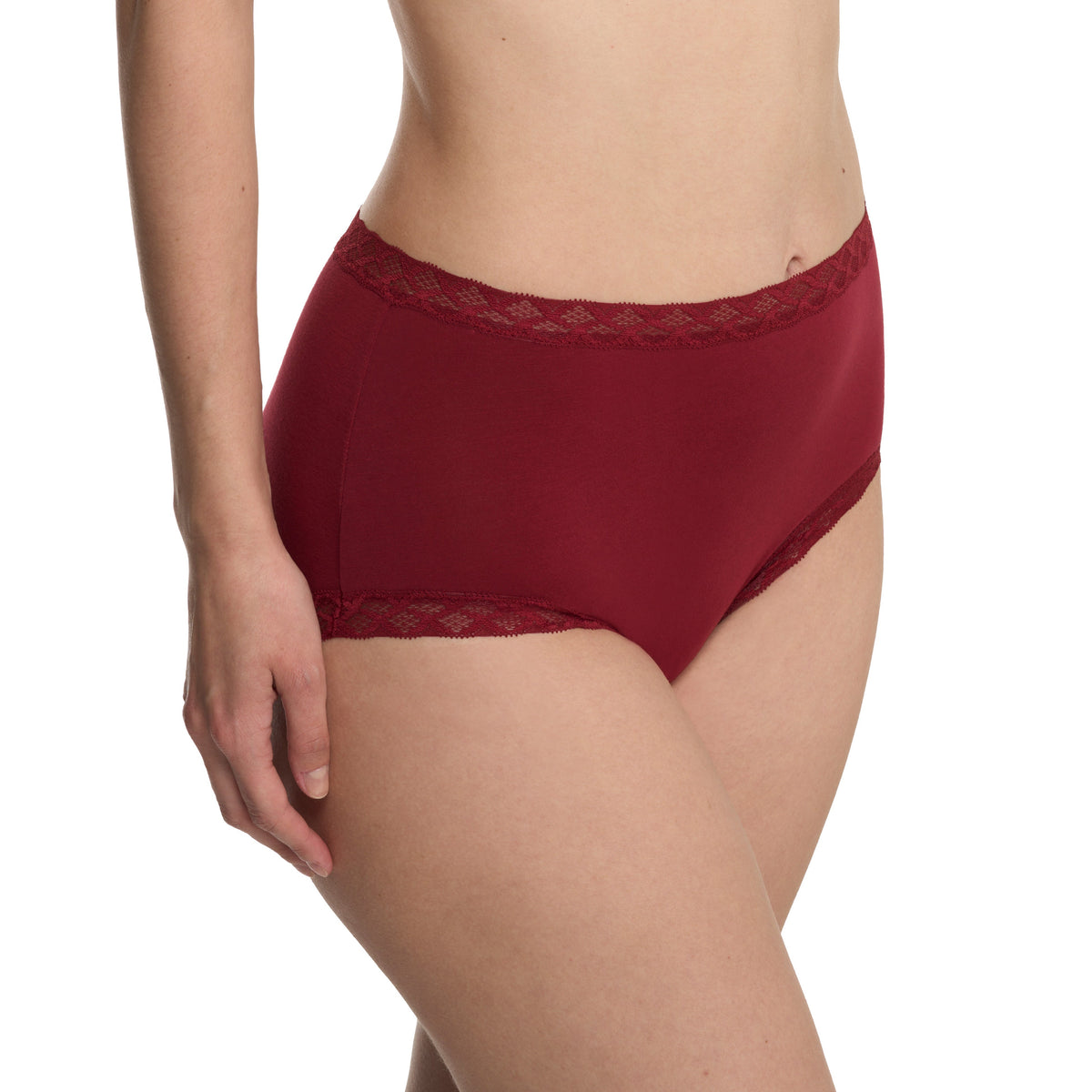 Red underwear worn by a person on a white background