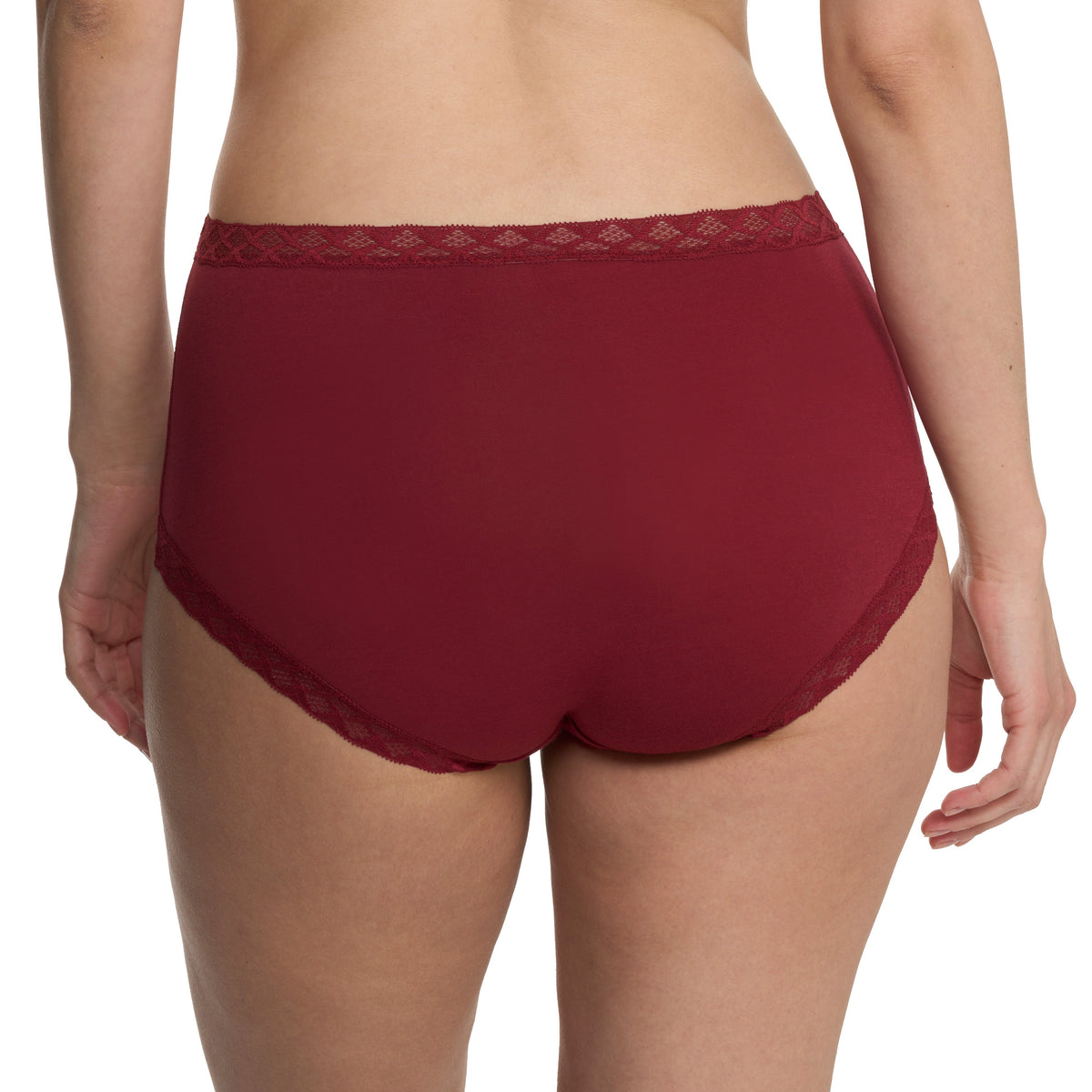 Maroon underwear with lace trim on a white background