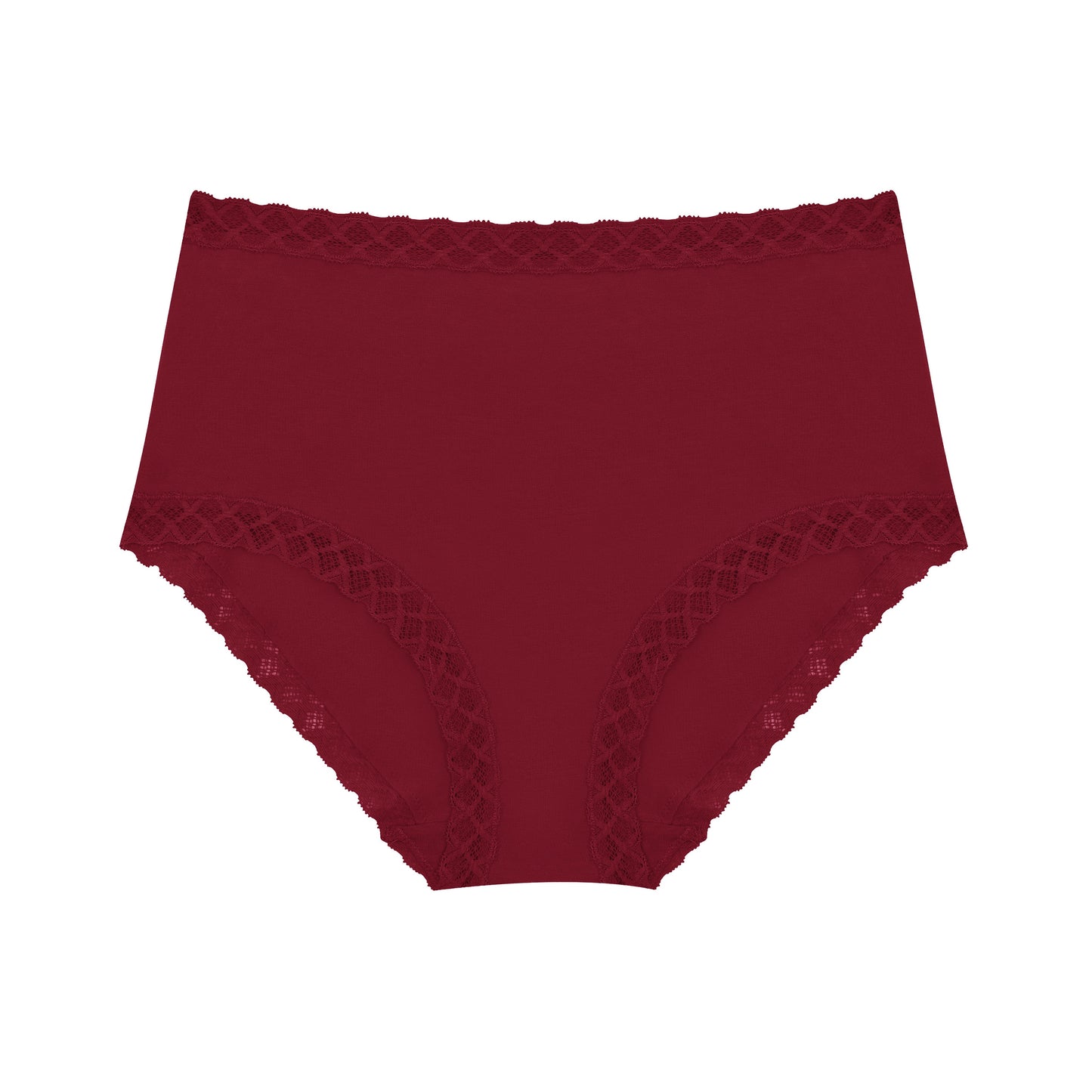 Maroon underwear with lace trim on a white background