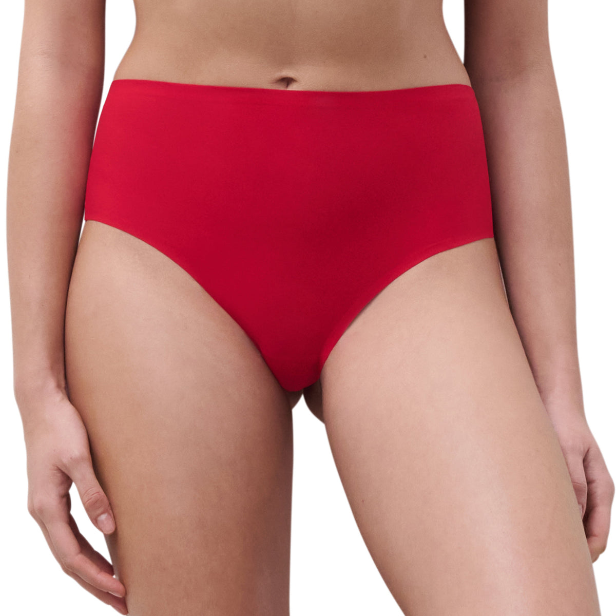 Red high-waisted bikini bottom on a white background