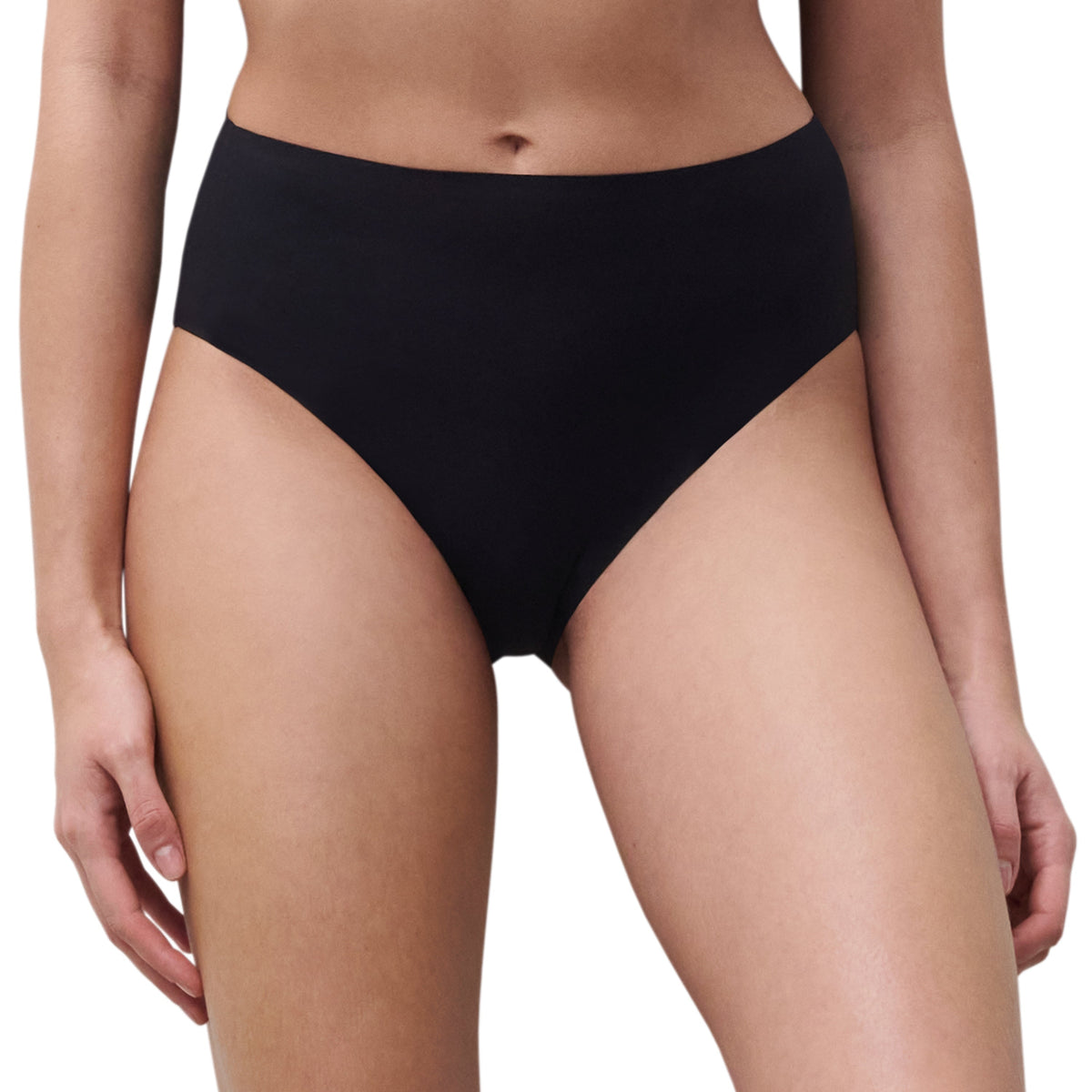 Black high-waisted bikini bottom on a white background
