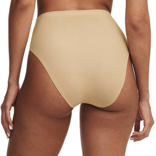 Beige high-waisted bikini bottom on a white background