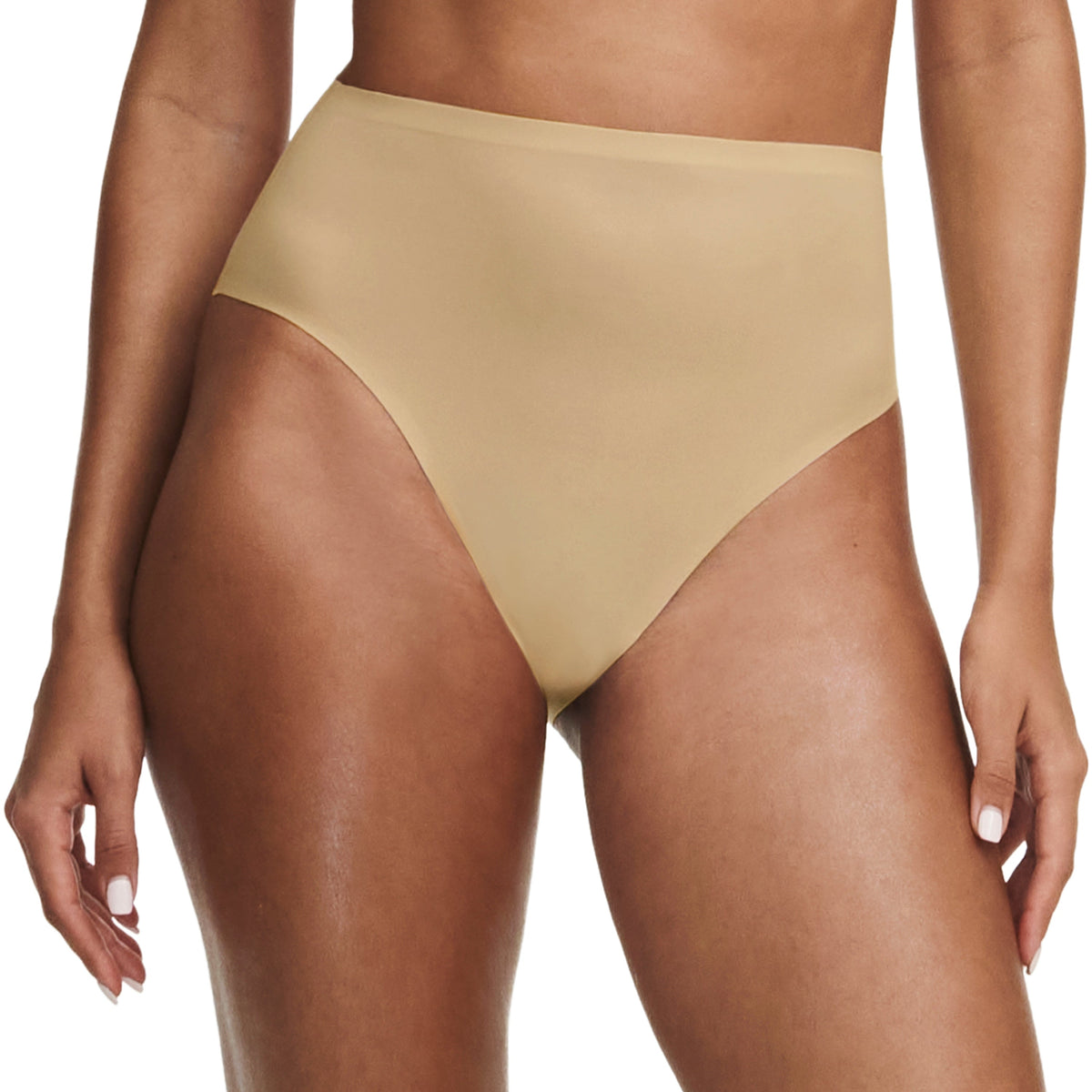 Beige high-waisted bikini bottom on a white background