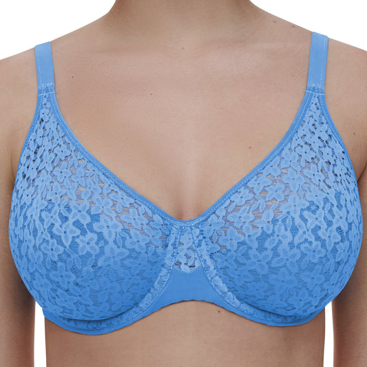 A blue underwire bra with floral patterns, displayed on a model.