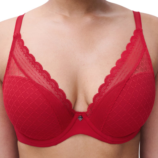Red bra with lace details on a white background