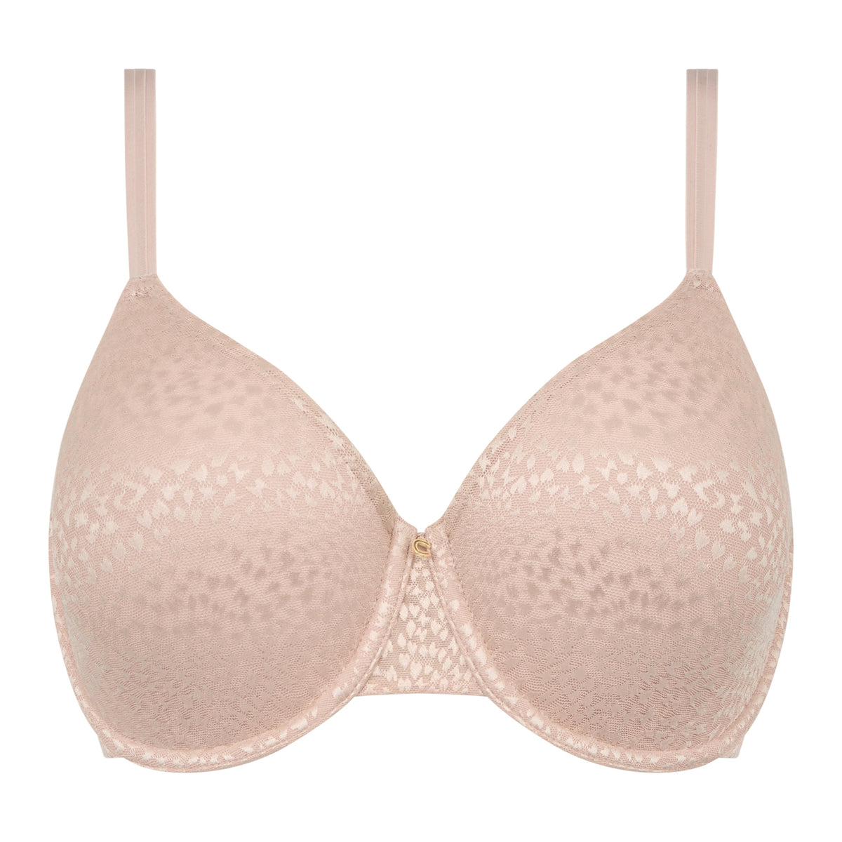 A light beige underwire bra with a subtle floral lace pattern and thin shoulder straps, shown against a plain white background.