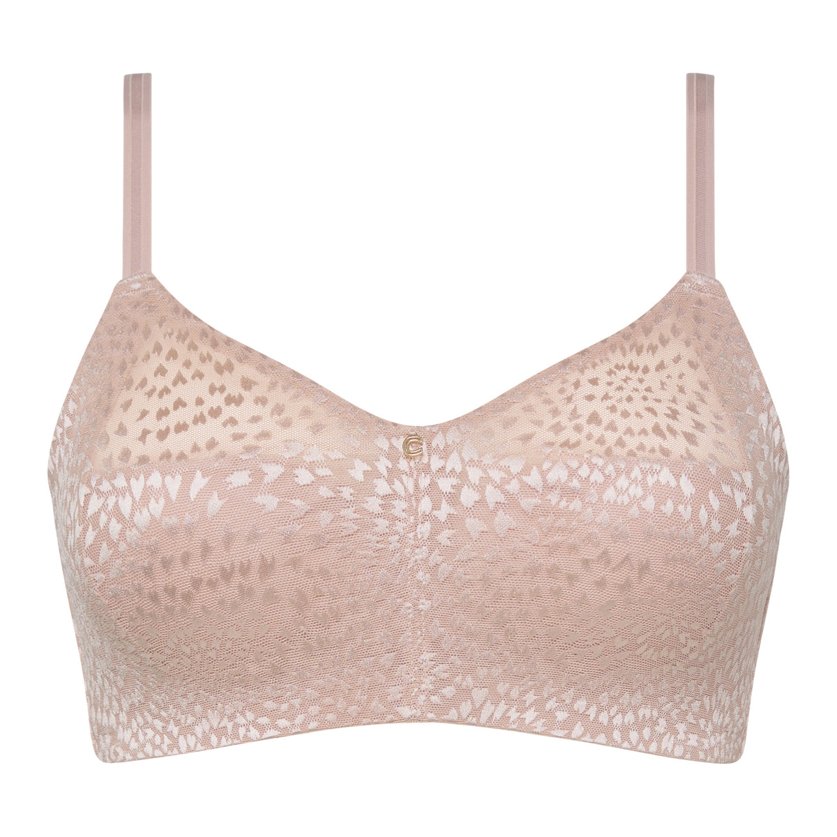 Beige lace bralette on a white background