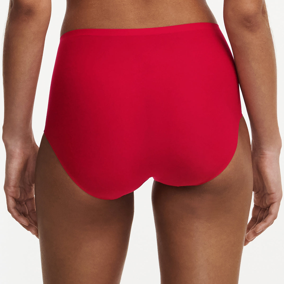 Red high-waisted bikini bottom on a neutral background