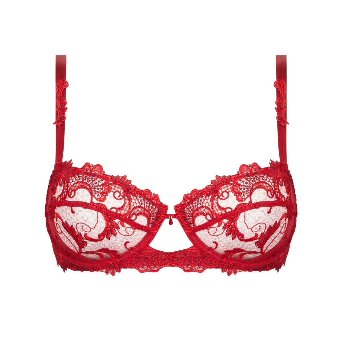 Red lace bra on a white background