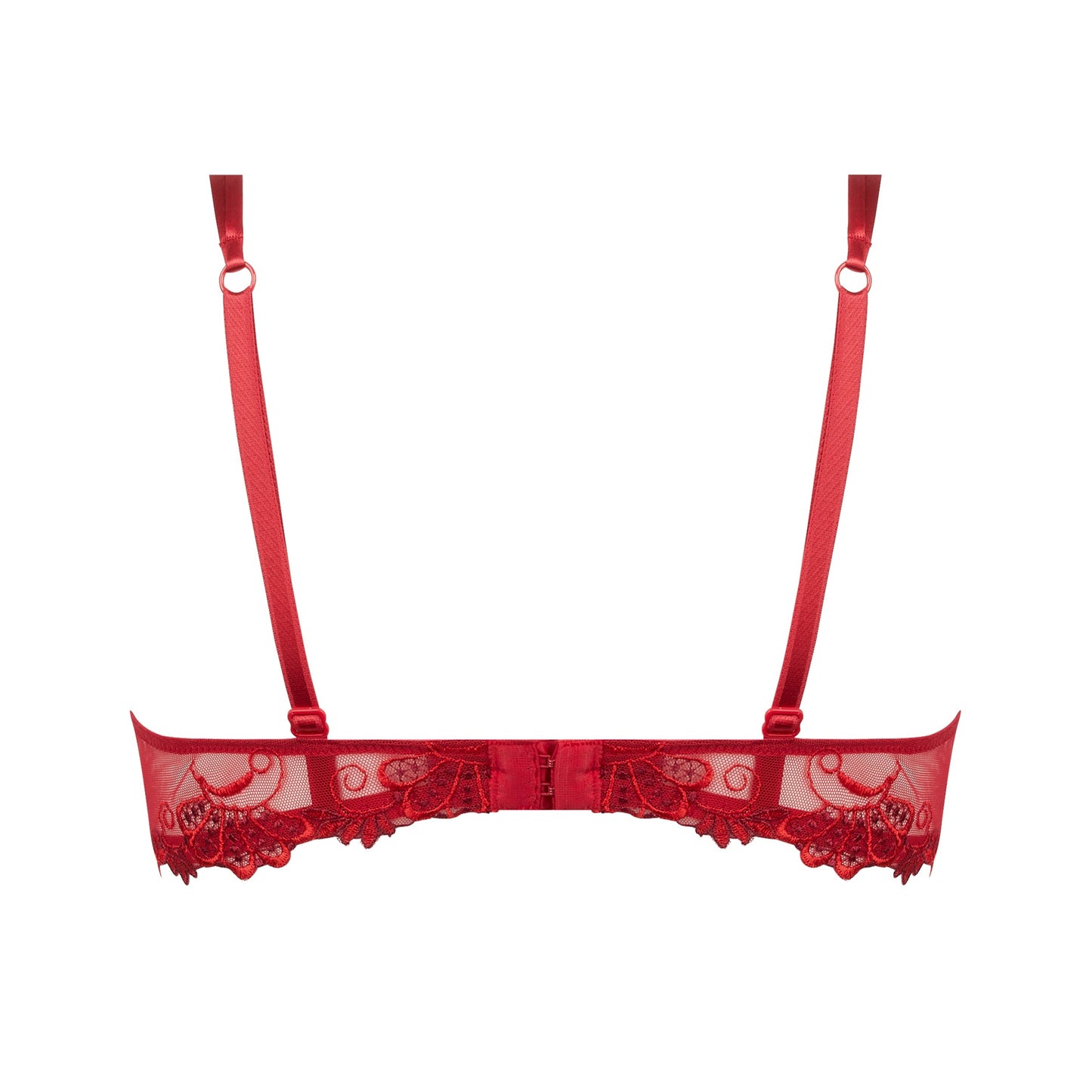 Red lace bra with thin straps on a white background
