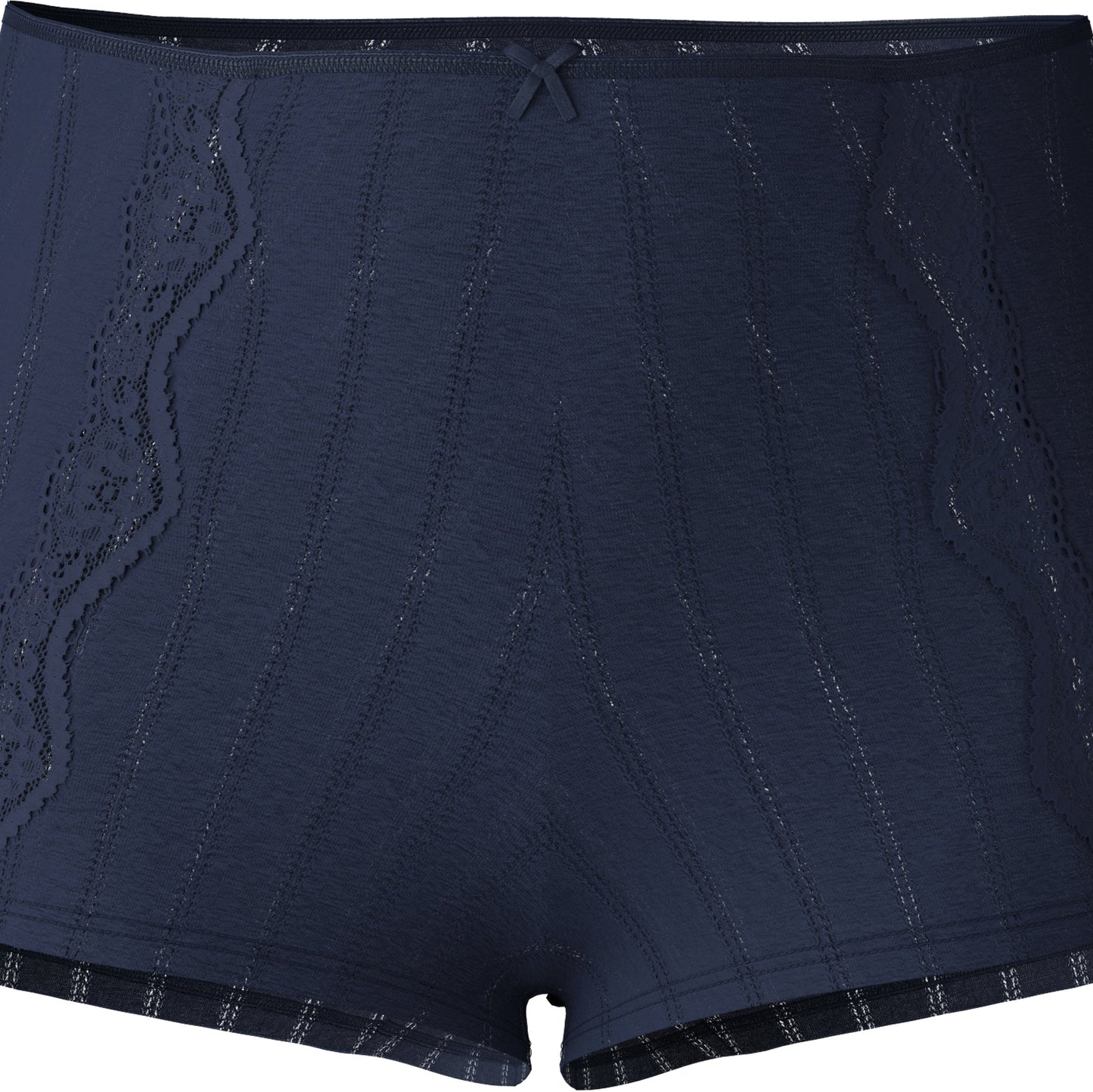 Navy blue shorts with lace detailing on a white background